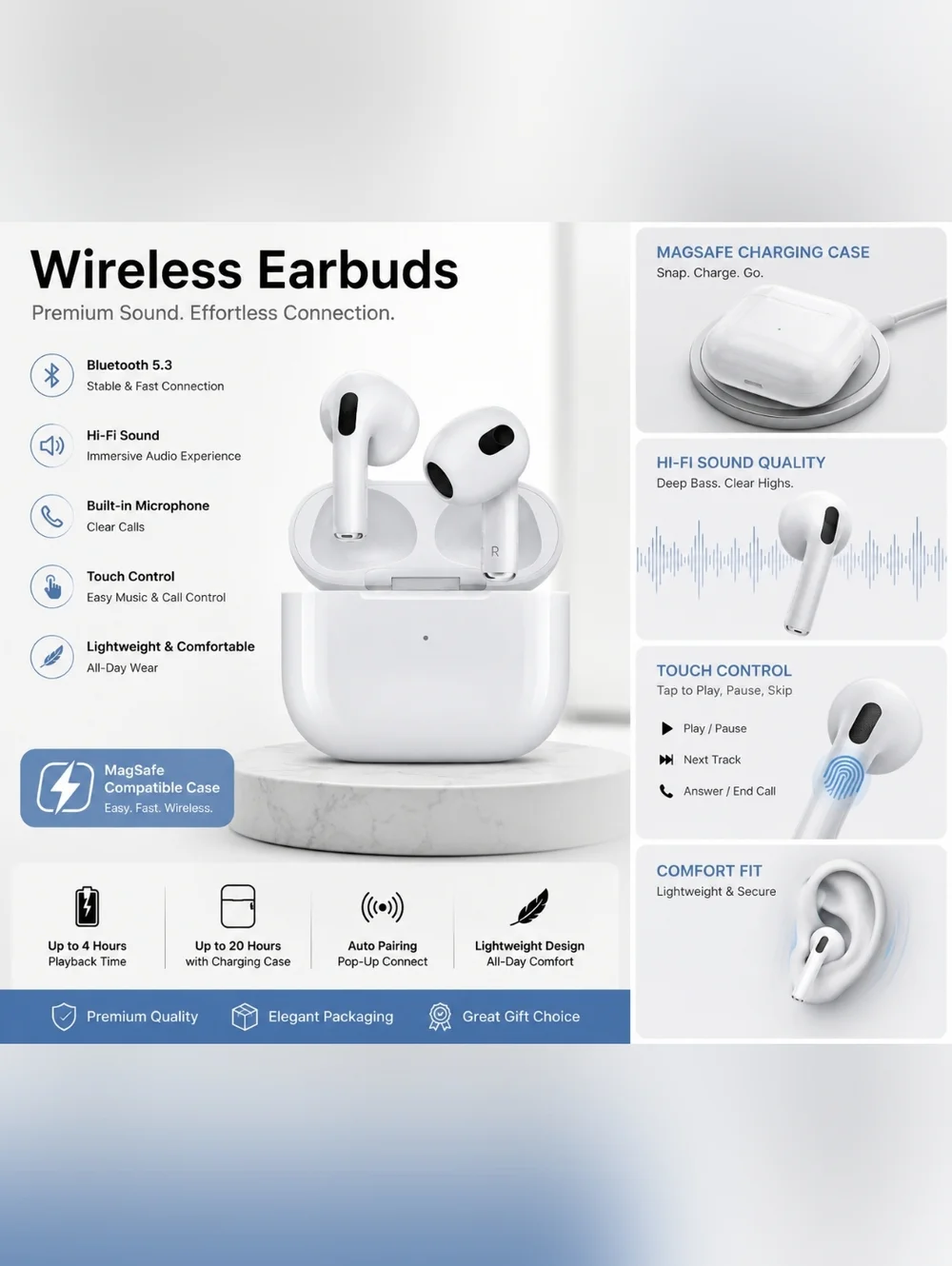 Wireless Earbuds True Wireless Bluetooth Headphones - White